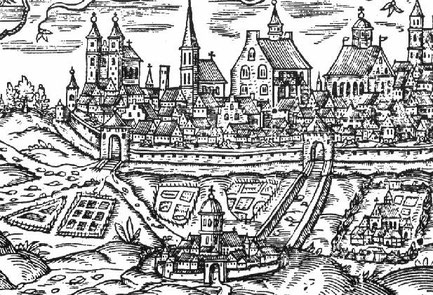 Im Vordergrund-Mitte: Mauritiuskirche, rechts davon die "Alte Kartause" vor der Stadt